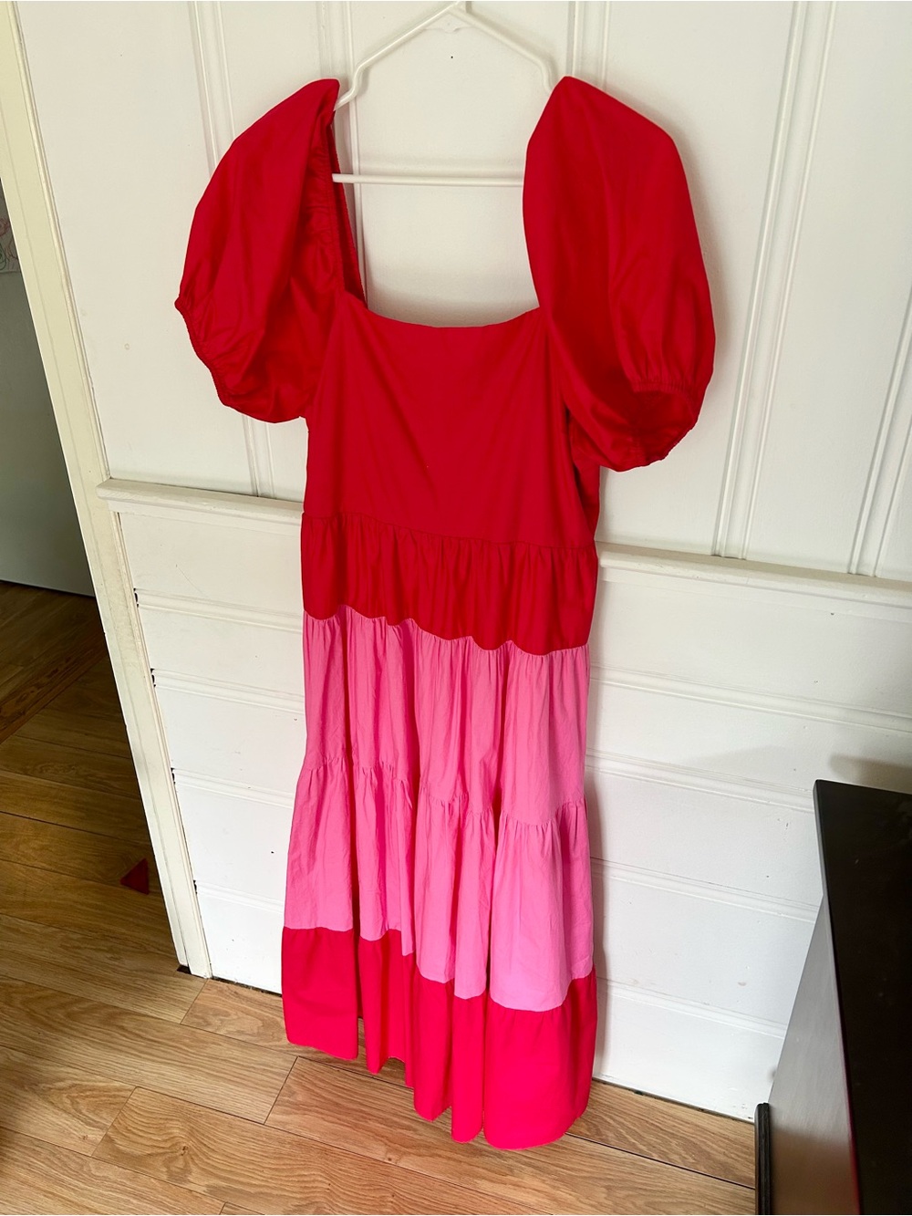 English Factory Red & Pink Color Block Tiered Puff-Sleeve Dress